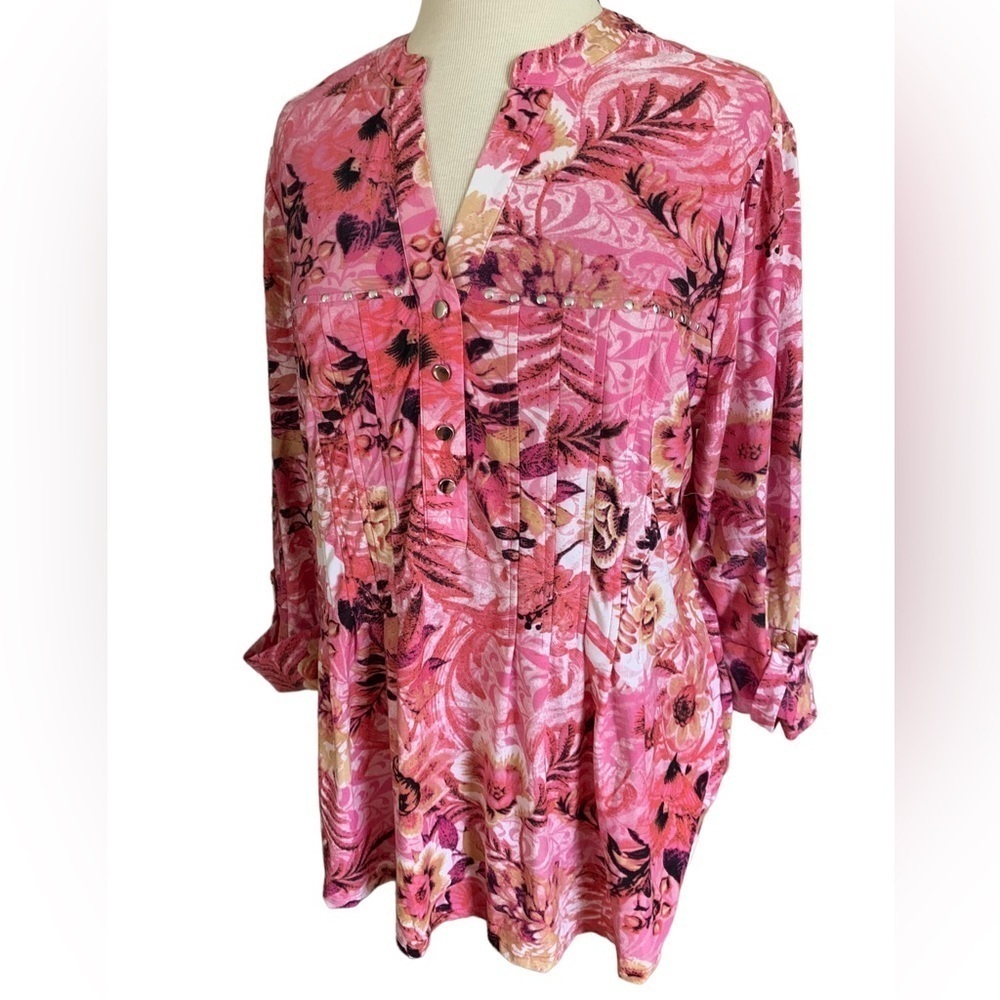COCOMO 1X Pink Floral Plus Size 3/4 sleeve women’s Pintuck Blouse top sh… - Picture 7 of 12